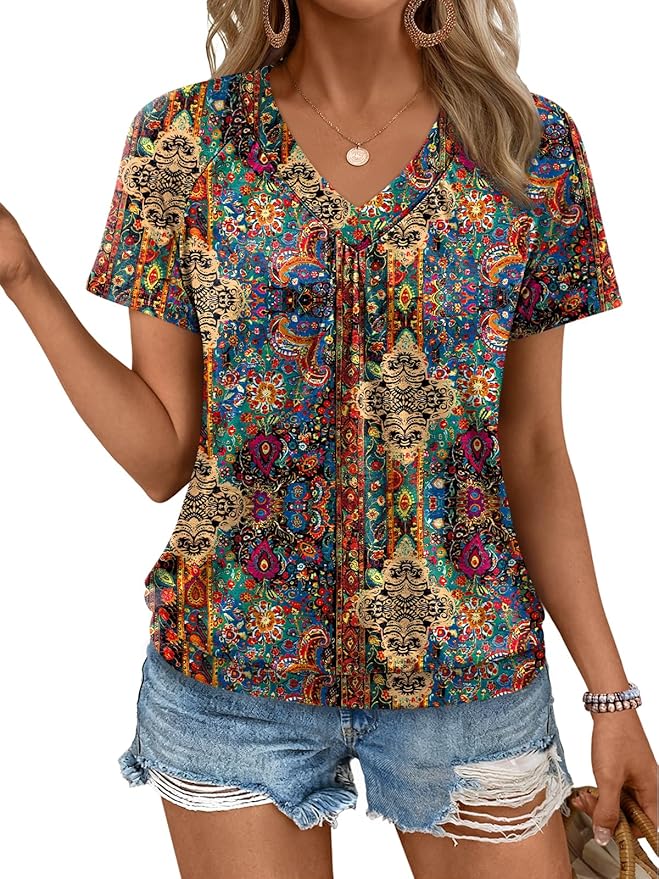 AUTOMET Womens Tops Short Sleeve V Neck T Shirts 2026 Summer Spring Beach Vacation Clothes Casual Loose Ruched Top