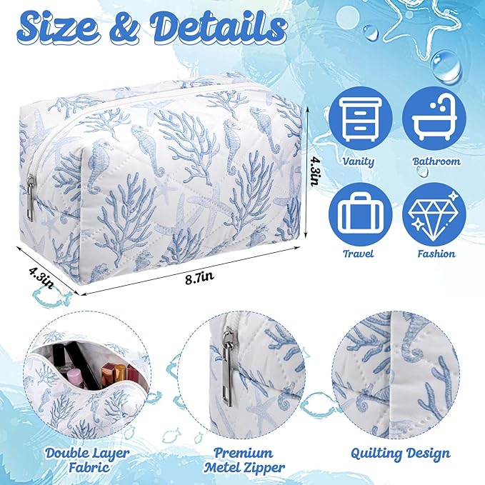 Hillban Ocean Quilted Cosmetic Bag Ocean Themed Gift Starfish Coral Seashell Essential Makeup Bag for Women Summer Travel Vacation Survival Kit Mother's Day Bulk Gift 8.7 x 4.3 x 4.3 in(Seahorse)