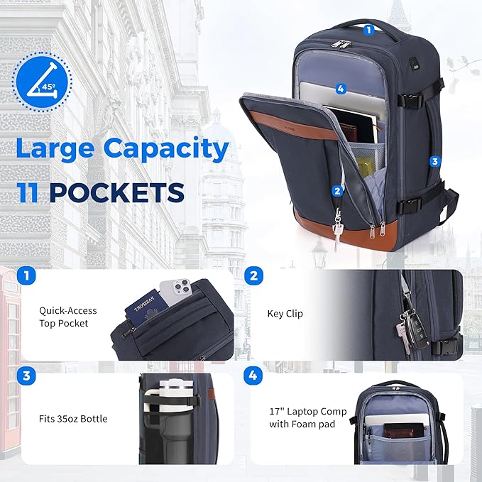 ECOHUB 17" Travel Backpack for Men United Airlines Personal Item Travel Bag TSA Friendly Business Computer Bag with USB Charging Port & Wet Compartment,Grey