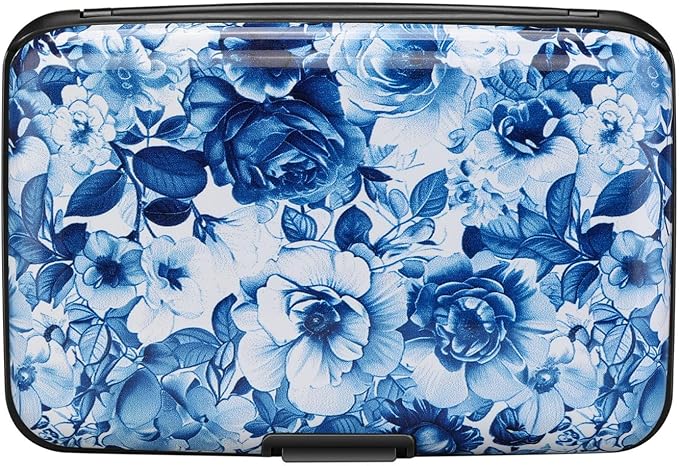 ELFISH RFID Blocking Credit Cards Holder Aluminum Wallet Metal ID Case for Men Women(Blue and White Peony)