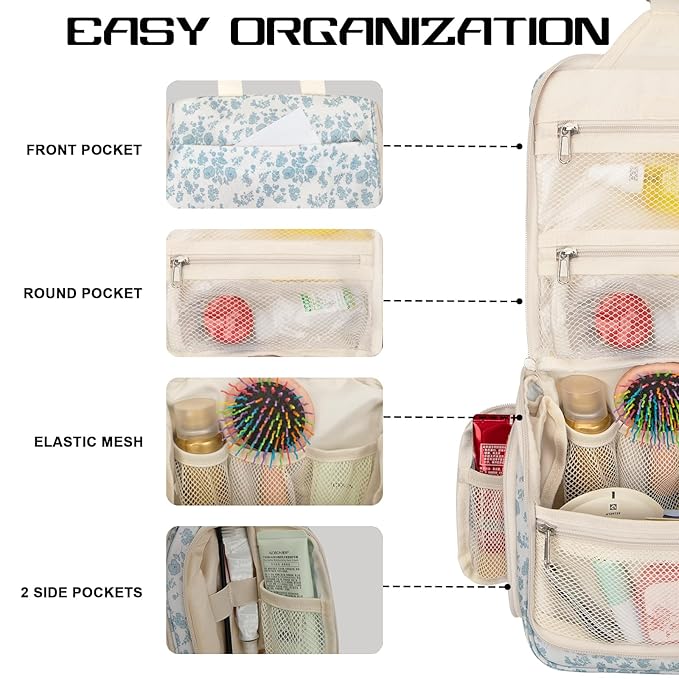 Goloni Hanging Toiletry Bag, 10 Compartments Water-Resistant Makeup Bag with 360° Spinning Metal Hook, Large Travel Cosmetic Organizer for Men & Women, Flower (7.05oz)