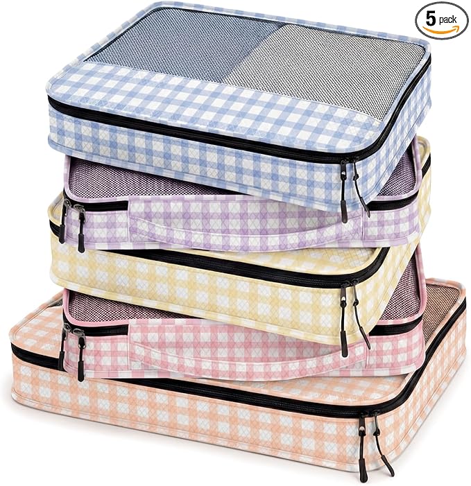 5 Pcs Packing Cubes for Suitcase Large Travel Cubes Carry on Luggage Organizer Bags for Clothes Accessories(Mixed,Plaid)