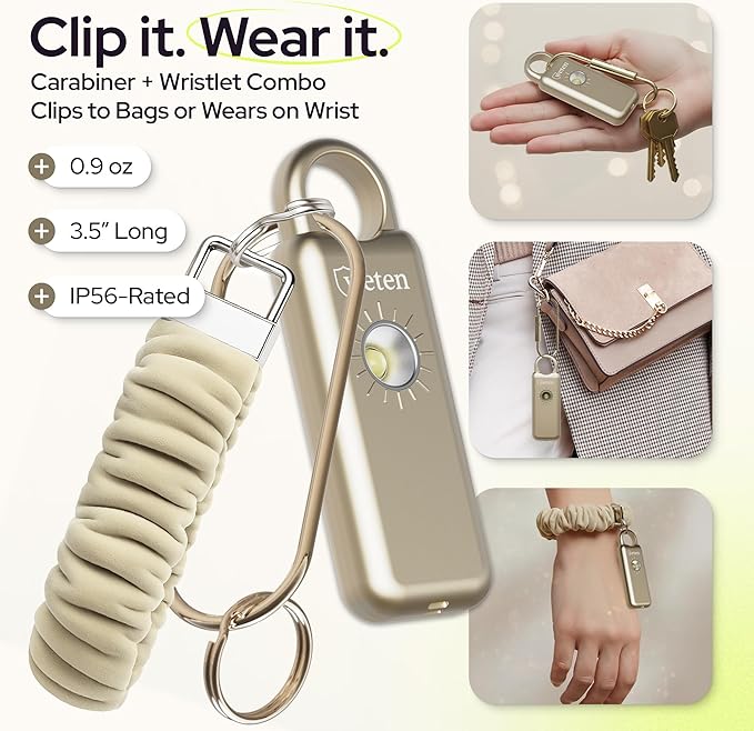 Weten Personal Safety Alarm Keychain – 130dB Siren with Bottom Speaker, LED Light, Wristlet & Carabiner Clip – Weatherproof Self Defense Alarm with Low Battery Alert (Gold Satin)