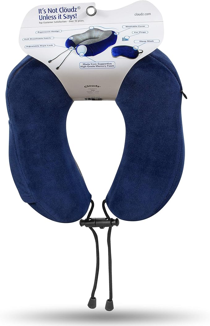 Cloudz Tech Memory Foam Travel Neck Pillow with Blackout Sleep Mask and Ear Plugs - Blue