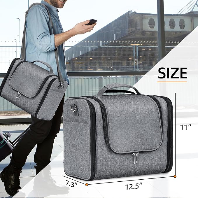Buruis Extra Large Toiletry Bag for Women and Men, Hanging Travel Bag with Detachable Shoulder Strap for Full-Sized Toiletries, Water-Resistant Dopp Kit for Family Use and Long Trips, Oxford Gray