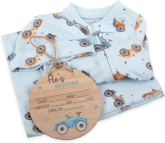 Newborn Baby 4 Piece Coming Home Outfit Gift Set – Footie Sleeper, Blanket, Headband & Ornament for Boys & Girls
