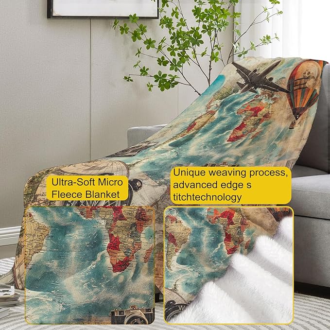 Travel-Themed Blanket, Vintage Airplane Hot Air Balloon Cameras Flannel Throw Blankets,Soft Warm Lightweight Cozy Plush Throws for Bedroom Sofa Office Home Decor Gifts for Women Girls 60"x50"