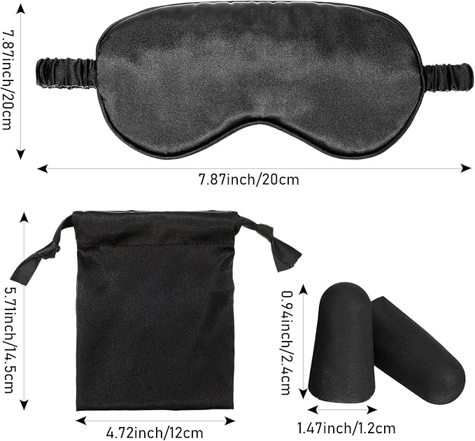 Silk Satin Sleeping Mask Eye Mask Set Include 2 Blindfold Eyeshade Elastic Strap Double Layer Silk Filling Eye Cover 2 Ear Plugs 2 Storage Bags for Women and Men Sleep Travel Nap (Black, Dark Green)
