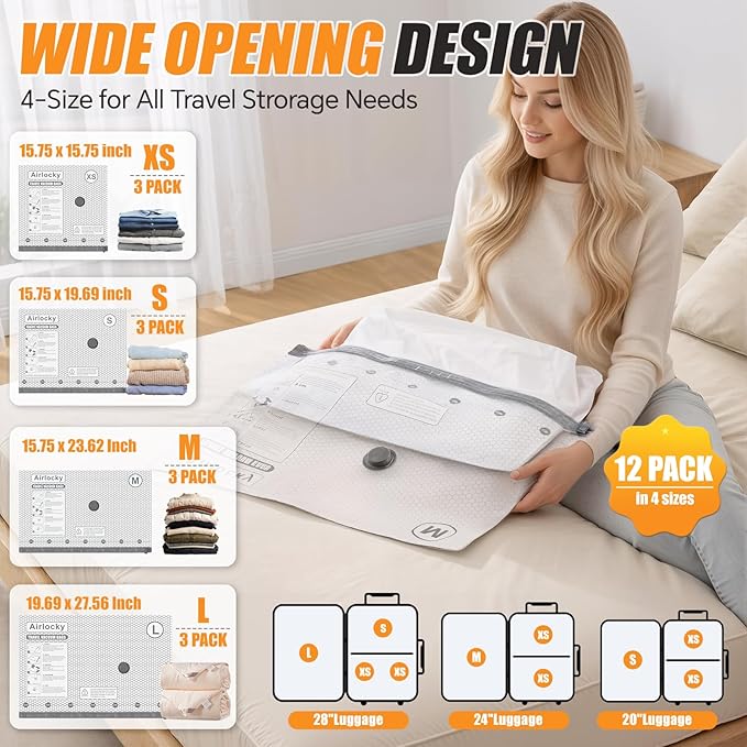 Travel Vacuum Storage Bags with Pump, 12 Pack Carry-on Compression Packing Bags + Portable Electric Pump, 80% Space Saver of Clothes, Vacuum Seal Bags for Clothing Travel Luggage