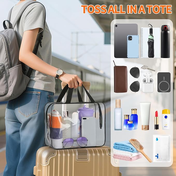 HAOGUAGUA 3 Pieces Large Clear Travel Bags for Toiletries, Waterproof Clear Plastic Cosmetic Makeup Bags, Transparent Packing Organizer Storage Bags (Black)