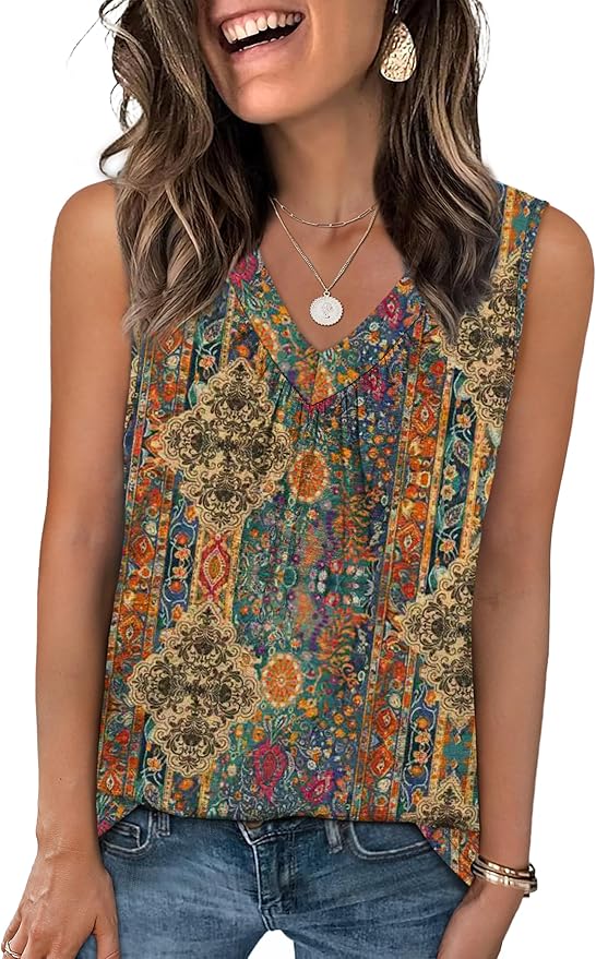 OFEEFAN Tank Top for Women Loose Fit Sleeveless Shirts V Neck Summer Clothes Ruched Women's Tees and Tanks Curved Hem