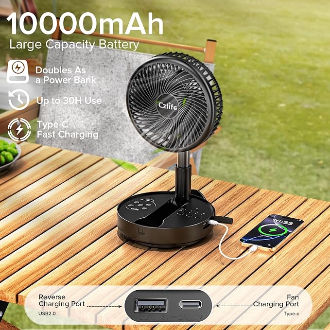 Czlife F9 Portable Fan, 10000mAh Rechargeable Battery Powered for Travel Sleeping Camping Bedroom Outdoor, Cordless Floor Desk USB Fan with Remote, 4 Speed, Timer, 7.7" (Black with Case&Charger)
