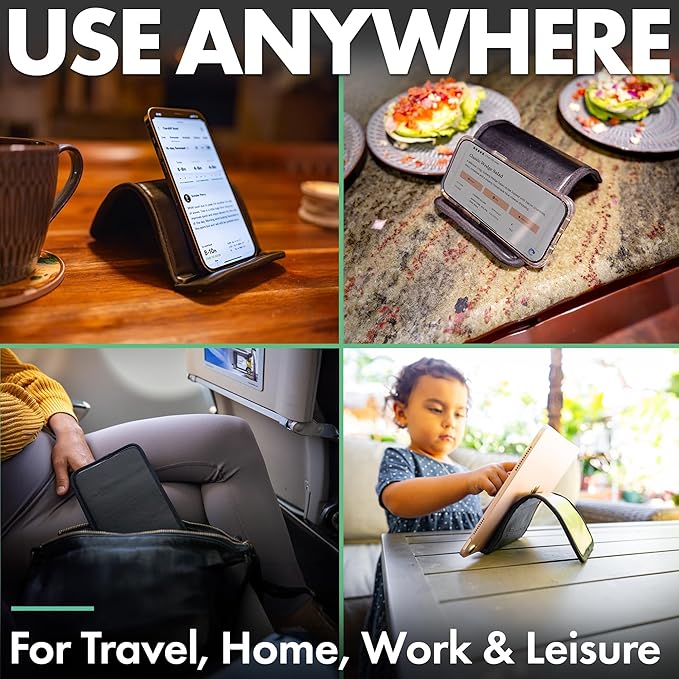 Airplane Phone Holder, Flexible Cell Phone Holder, Folding Cellphone Stand for Desk, Bed, Office, Treadmill - Airplane Gadgets for Long Travel Accessories - Plane Essentials (Vegan Leather)