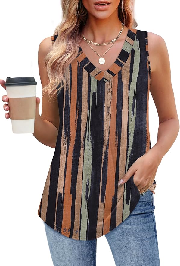 OFEEFAN Tank Top for Women Loose Fit Sleeveless Shirts V Neck Summer Clothes Ruched Women's Tees and Tanks Curved Hem