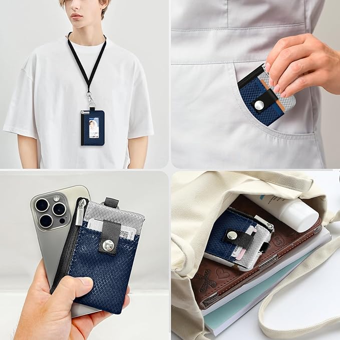 Minimalist RFID Blocking Small Wallet with ID Window,WaterResistant Zip Id Case Wallet with Lanyard Keychain for Cards,Cash,Travel,Women,Men (Dark Blue/Light Gray)