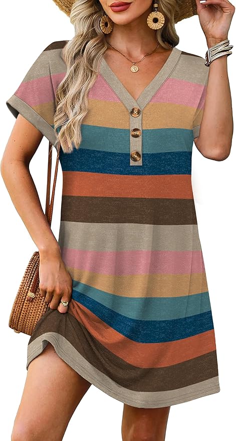 WIHOLL Summer Dresses for Women with Sleeves Midi Dress Button Down Beach Vacation Casual Dresses Fashion Clothing