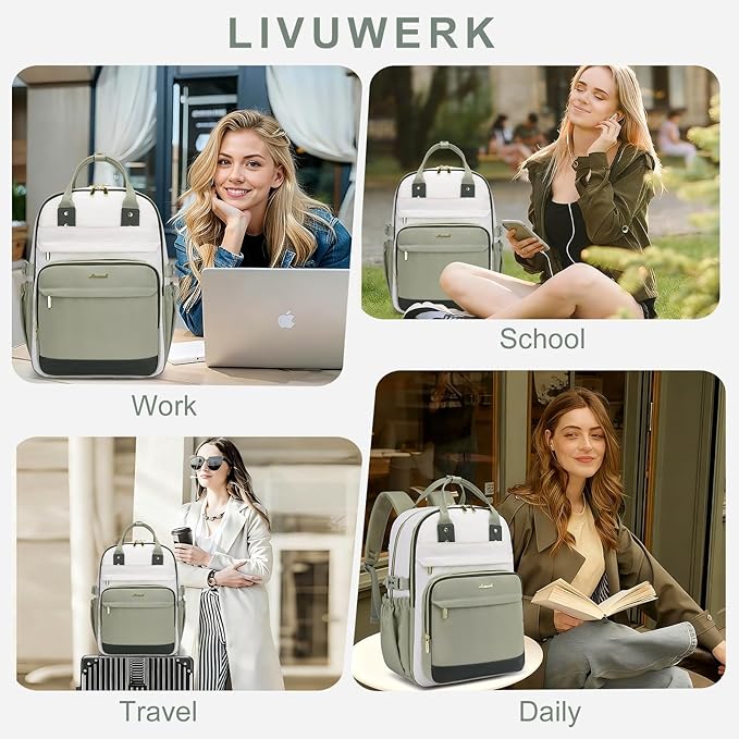 Women Laptop Backpack College Bookbag: 15.6 inch Backpacks with Pouch Pocket for Large Capacity Cup Travel Waterproof Book Bag Anti-theft Casual Work Bookbags for Teacher Nurse Beige Green