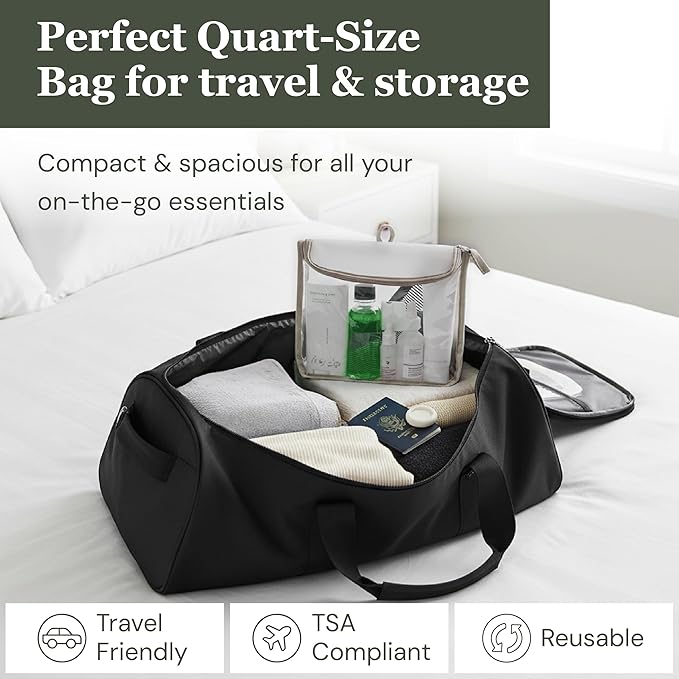 (re)zip TSA Approved Travel Toiletry Bag with Hanging Loop, Travel Quart Bag– Reusable Clear Makeup bags with zipper, Clear Pouch for Travel Essentials, Cosmetic | BPA-Free, Machine Washable - Gray