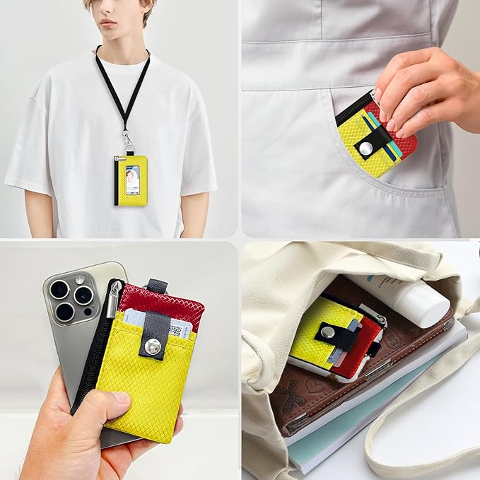 Minimalist RFID Blocking Small Wallet with ID Window,WaterResistant Zip Id Case Wallet with Lanyard Keychain for Cards,Cash,Travel,Women,Men (Lemon Yellow/Red)