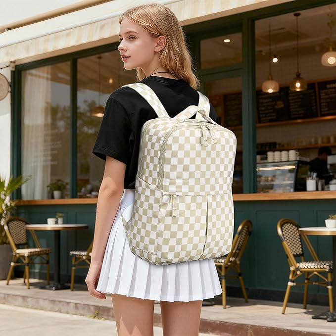 Checkered Backpack for Women Fashion Backpacks with Laptop and Multi Compartment for Travel and Work Beige Check