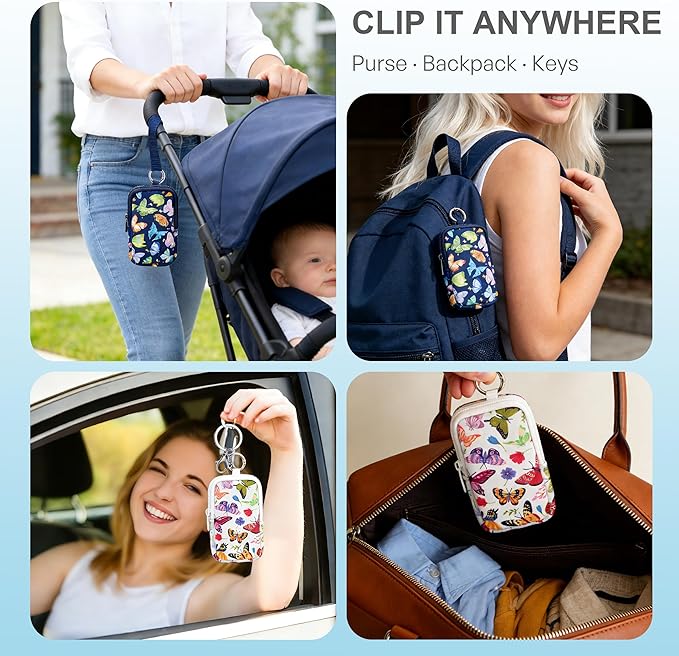 KJQJLY 2 Pack Hand Sanitizer Holder Pouch, Zippered Portable Sanitizer Case with Cute Pattern, Keychain D-Ring for Purse, Backpack & Travel