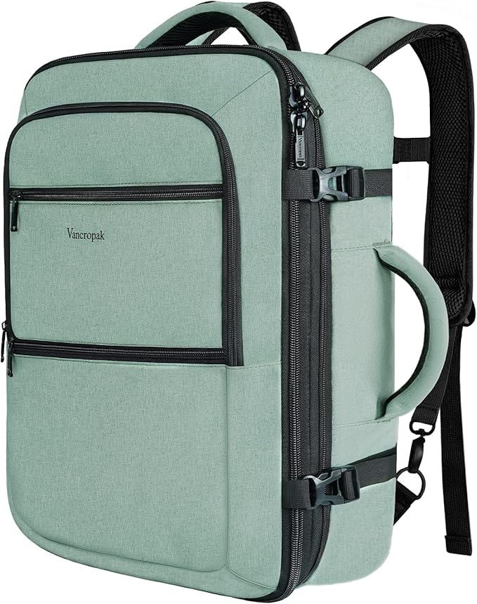 Vancropak Travel Bag, Large 40L Carry on Backpack Airline Approved Expandable Suitcase Daypack, Water Resistant Travel Backpack Overnight Lightweight Luggage Weekender Bag for Flight Men Women, Cyan