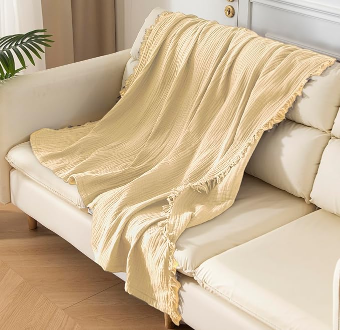 KyraHome 100% Organic Cotton Throw Blankets for Adults, Pre-Washed Plant Dyed, Women, Lightweight Breathable, Soft Gauze Blanket for Couch, Summer, All Season, Creamy