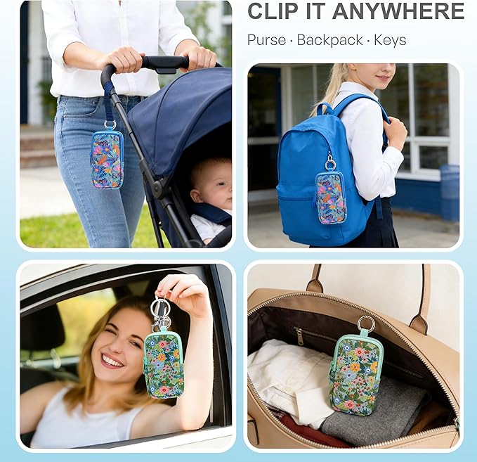 KJQJLY 2 Pack Hand Sanitizer Holder Pouch, Zippered Portable Sanitizer Case with Cute Pattern, Keychain D-Ring for Purse, Backpack & Travel