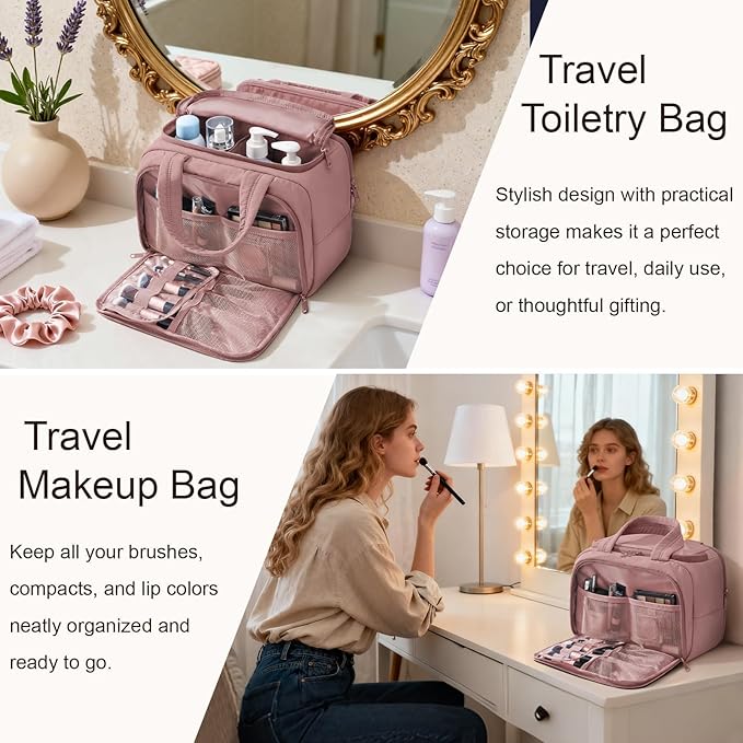 Bagstellar Travel Toiletry Bag for Women, Lightweight Large Quilted Puffy Makeup Bag Wide-open Make up Organizer Cloud Cosmetic Bag w/Handle for Traveling, Toiletries Essentials Accessories Dark Pink
