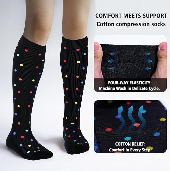 LEVSOX Cotton Compression Socks for Women&Men 20-30mmHg Knee High Cute Support Sock for Nurses Pregnancy Travel