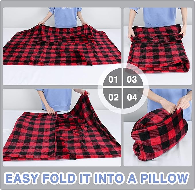 Solaris Travel Wearable Blanket with Sleeves, 2 in 1 Packable Airplane Pillow Blanket for Adult Women Men, Soft Cozy Warm Snuggy Body Blanket for Outdoor Indoor Home Lounge, Red Plaid