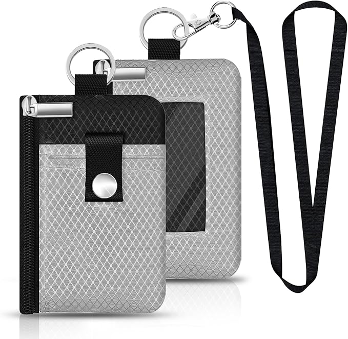 Minimalist RFID Blocking Small Wallet with ID Window,WaterResistant Zip Id Case Wallet with Lanyard Keychain for Cards,Cash,Travel,Women,Men (Light gray/Black)