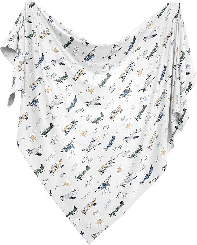 Sweet Jojo Designs Green Vintage Airplane Boy Baby Swaddle Blanket for Infant, Newborn Lightweight Jersey Stretchy Receiving Security Stroller Cover - Airplanes, Transportation, Clouds, Sun, Aviator