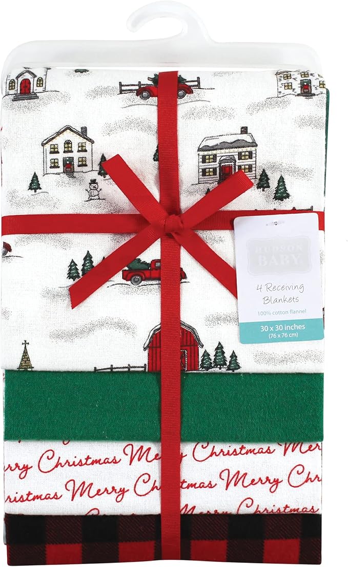 Hudson Baby Unisex Baby Cotton Flannel Receiving Blankets, Christmas Scene, One Size