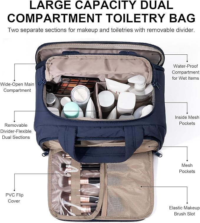 Bagstellar Travel Toiletry Bag for Women, Lightweight Large Quilted Puffy Makeup Bag Wide-open Make up Organizer Cloud Cosmetic Bag w/Handle for Traveling Toiletries Essentials Accessories Navy Blue