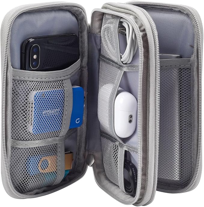 CAAORDKSO Travel Organizer Pouch Electronic Accessories Carry Case Portable Waterproof Double Layers Storage Bag for Cable, Cord, Charger, Phone, Power Bank, Earphone, Hard Drive (Light Grey, Large)