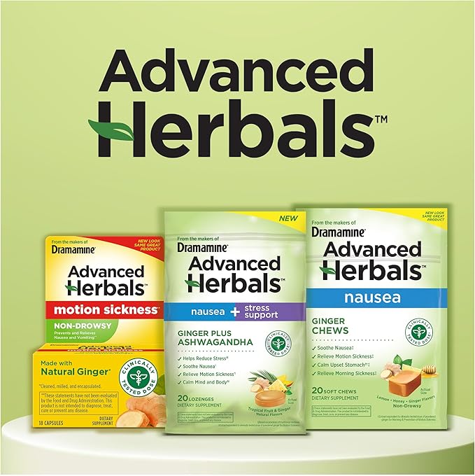 From the Makers of Dramamine, Advanced Herbals Ginger & Ashwagandha Lozenges, for Nausea Relief & Stress Support, Tropical Fruit and Ginger Flavor, 20 Count