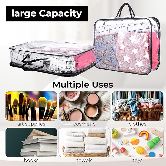 6 Pcs Large Clear Travel Packing Cube, See-Through PVC Organizer, Vinyl Zippered Storage Bags Multipurpose Pouch with Handle for Suitcase Pants, Cashmere, Sweaters Shirts Dress Storage
