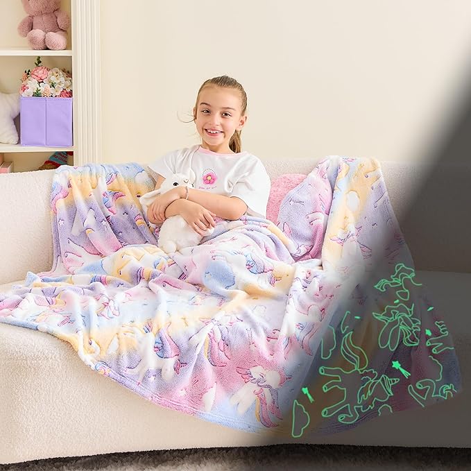 Wajade Unicorn Gifts for Girls - Glow in The Dark Unicorn Blanket Birthday Easter Decor for Kids Age 3 4 5 6 7 8 9 10 11 12 Years Old Teens Child Toddler Throw Colourful 60"x80"