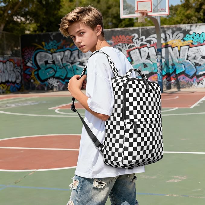 Checkered Backpack for Women Fashion Backpacks with Laptop and Multi Compartment for Travel and Work Black White Check