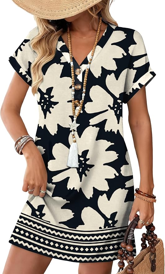 WIHOLL Summer Dresses for Women with Sleeves Midi Dress Button Down Beach Vacation Casual Dresses Fashion Clothing