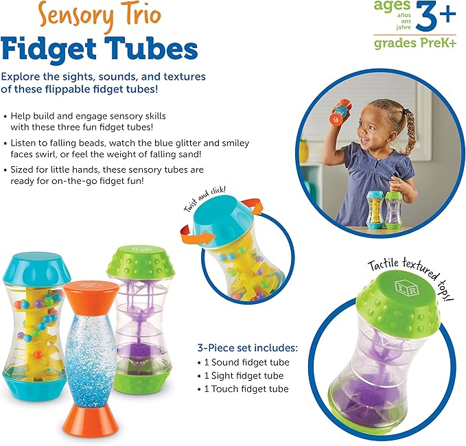 Learning Resources Sensory Trio Fidget Tubes - Sensory Toys for Toddlers, Calming Kids Fidget Toys, Classroom Calm Down Corner Supplies, Special Needs Travel Fidgets, Preschool Quiet Time Items