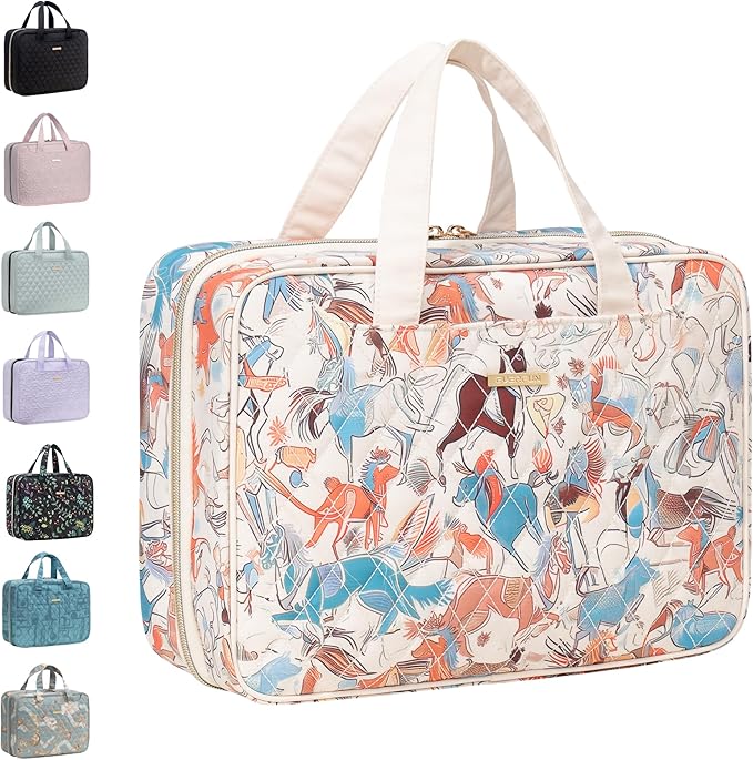 Everfun Hanging Toiletry Bag for Travel, 12x9x4.5 inch Large Capacity Cosmetic Organizer with Leakproof Wet/Dry Compartment, Waterproof Dopp Kit Toiletries Bag for Women Animal lmprint