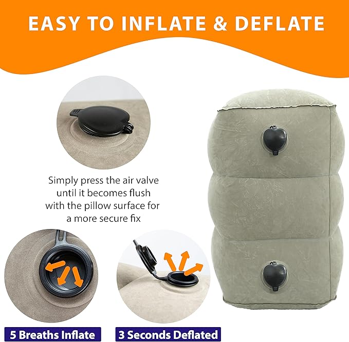 Inflatable Travel Foot Rest Pillow - Adjustable Leg Rest for Airplane, Car, Train, Home & Office, Comfortable Seat Extender for Kids - Grey