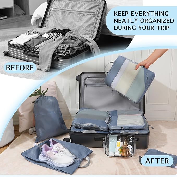 PFEYRPK Lightweight Compression Packing Cubes for Suitcases, Compressible Expandable Travel Packing Organizer with Clear Toiletries and Backpack Bag, Travel Essentials for Carry on Luggage 7 Set