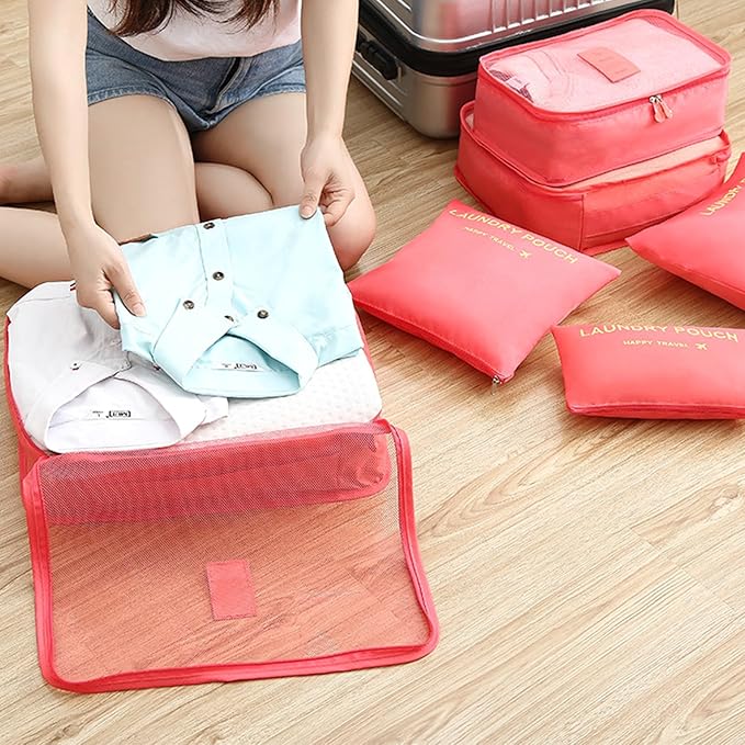 6 Set Packing Cubes for Travel Luggage Packing Bags Reusable Waterproof Suitcase Organizer Bags Set with Shoe Bag and Toiletry Bag (Watermelon Red‌)