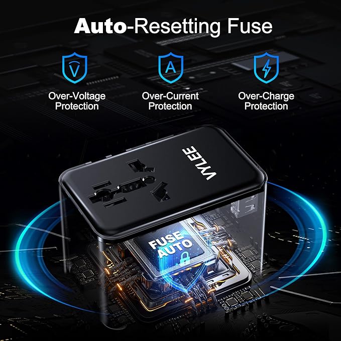 VYLEE Universal Travel Adapter, 2 USB-C & 2 USB-A Worldwide Plug Adapter with 1 Universal AC Outlet, Type A D I G C International Plug Adapter for US, India, Europe, UK, Maldives, Sri Lanka(Black)