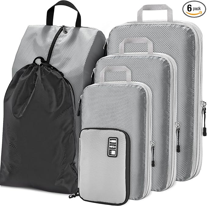 NiHome Compression Packing Cube 6PCS Set Expandable Travel Bag Luggage Organizers Electronic Cable Cord Charger Organizer Drawstring Bag for Trip Home Storage Travel Gear Accessories (Blue/Black/Grey)