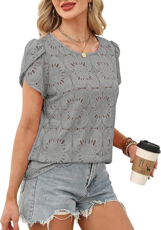 OFEEFAN Blouses for Women Dressy Casual Petal Short Sleeve Shirts Crochet Lace Boho Tops Spring Fashion Summer Outfits