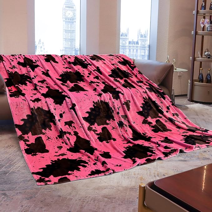 King Size Fleece Blanket for Bed - Hot Pink Throw Blanket King Size Soft Fuzzy Plush Bedding for Bedroom, Extra Large Strawberry Pink Cow Print Bed Throws for Girls Women